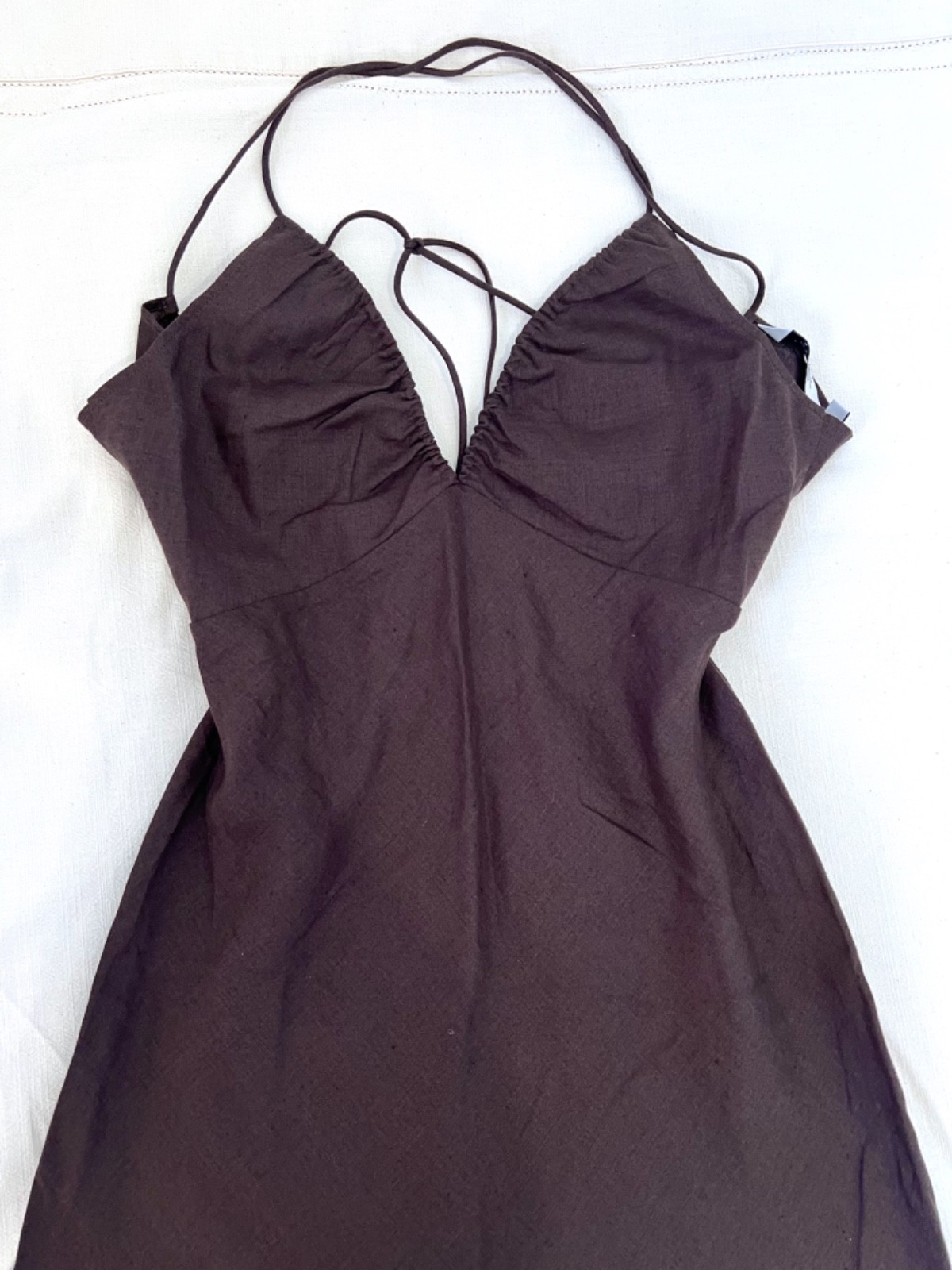 New & Other Stories 100% Linen Open Back Halter Midi Dress Chocolate Brown EUR