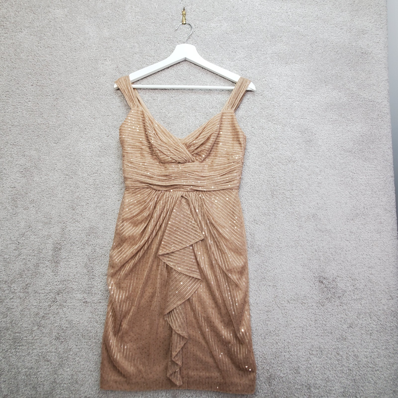 David Meister Dress Womens 4 Gold Cocktail Sequin Ruffle Front Sparkle Metallic