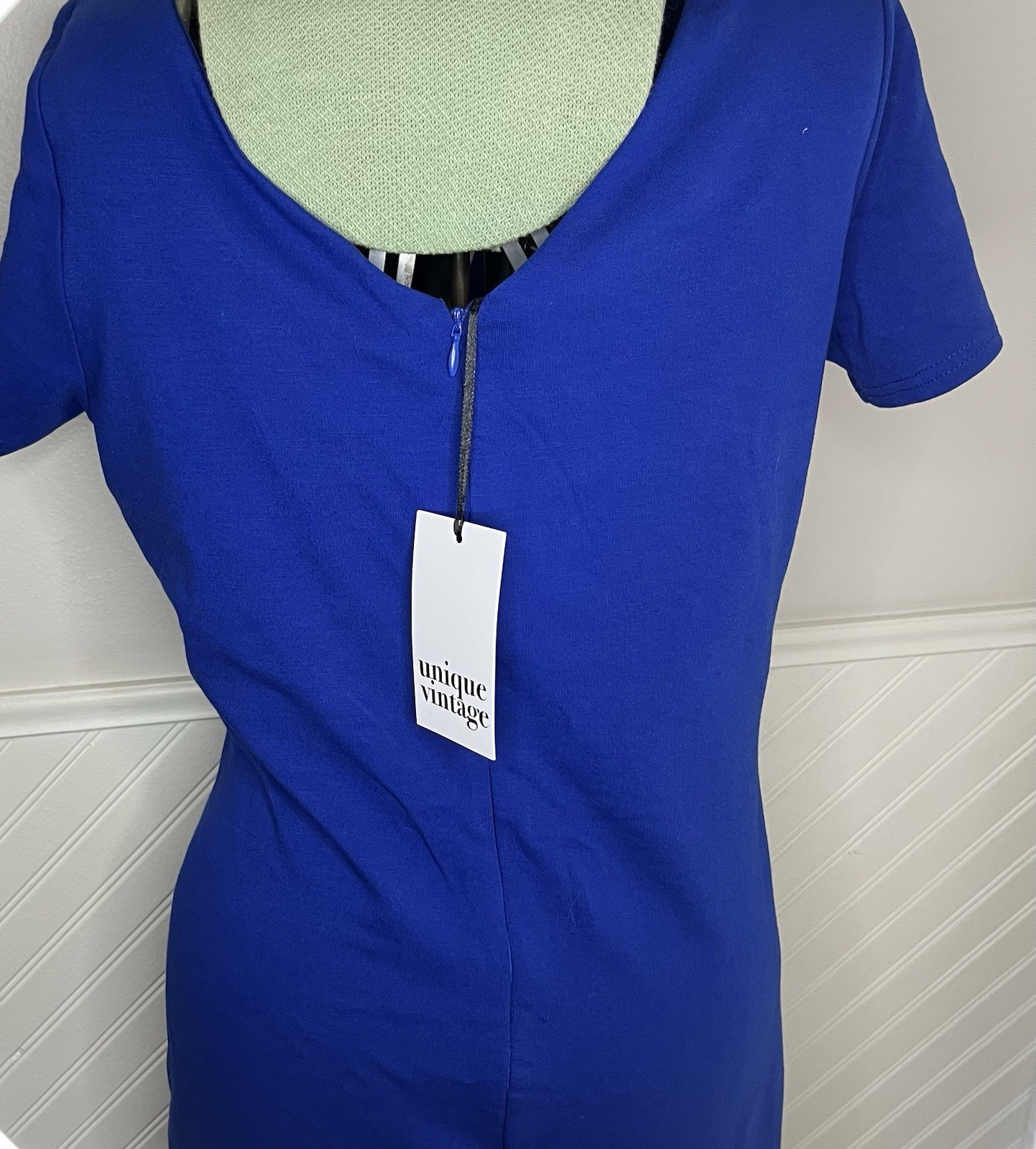 Unique Vintage Blue Solid Short Sleeve V-Neck Sheath Midi Zip Dress XL