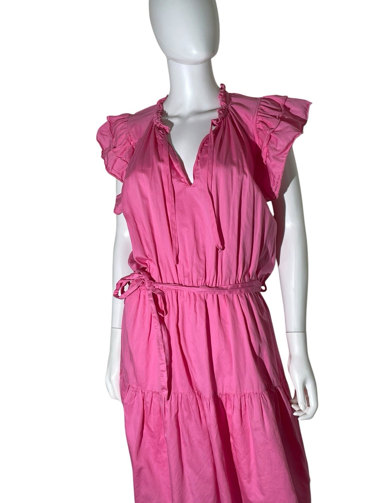 Stark X Austin Cotton Dress Flutter Sleeve Ruffle Collar Split VNeck Tie Waist