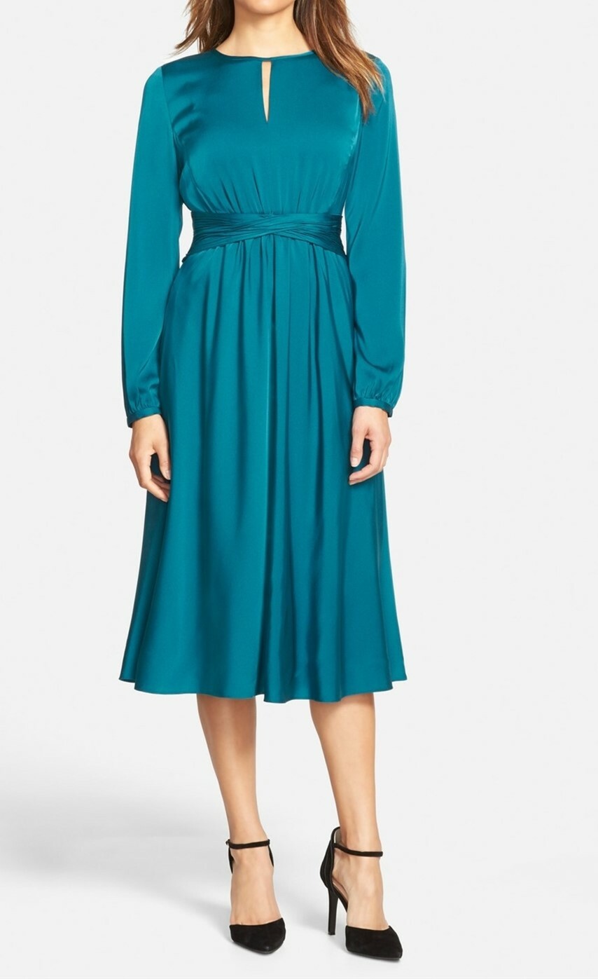 Classiques Entier Teal Keyhole Neck Long Sleeve Ruched Waist Dress Size 4