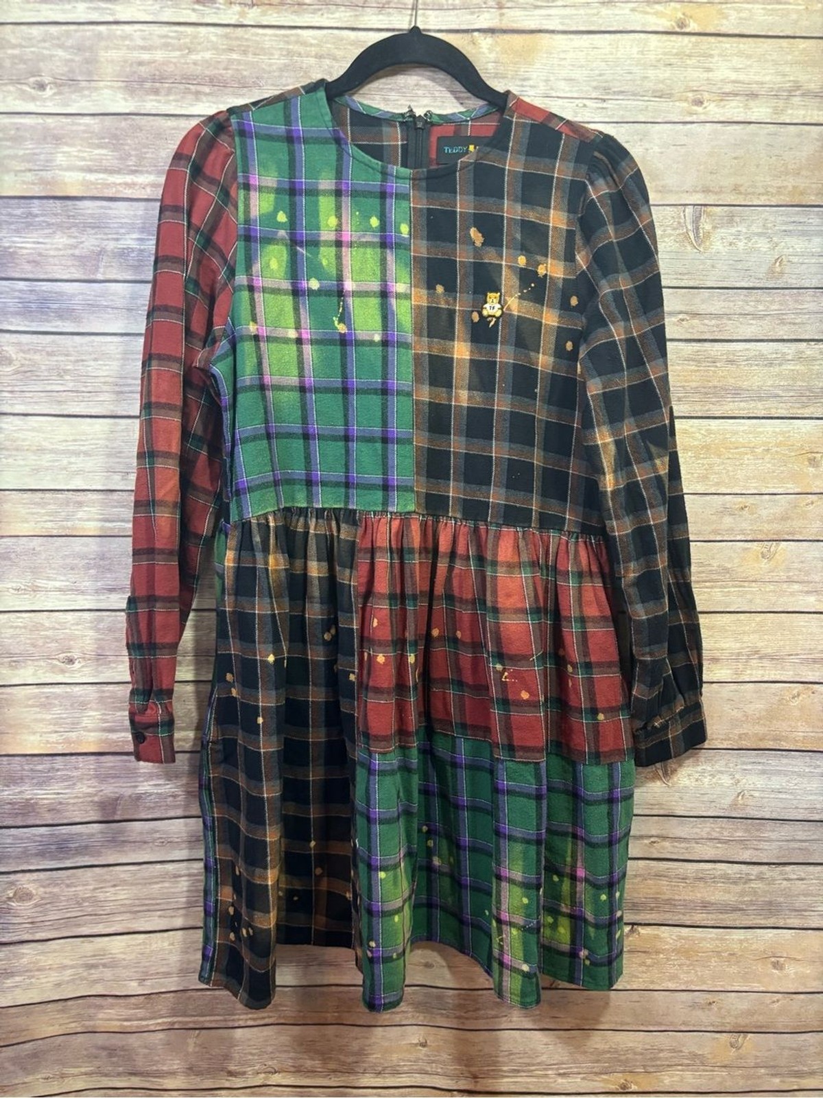 Urban Outfitters, Teddy Fresh Blocked Plaid Bleached Mini Dress Size Small
