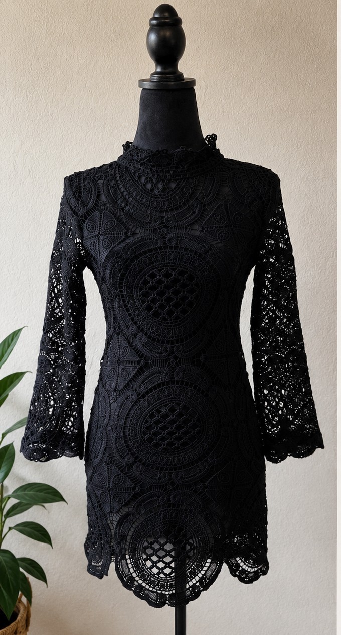 Black Lace Bodycon Mini Dress Mock Neck Bell Sleeve SX Dark Academia Goth
