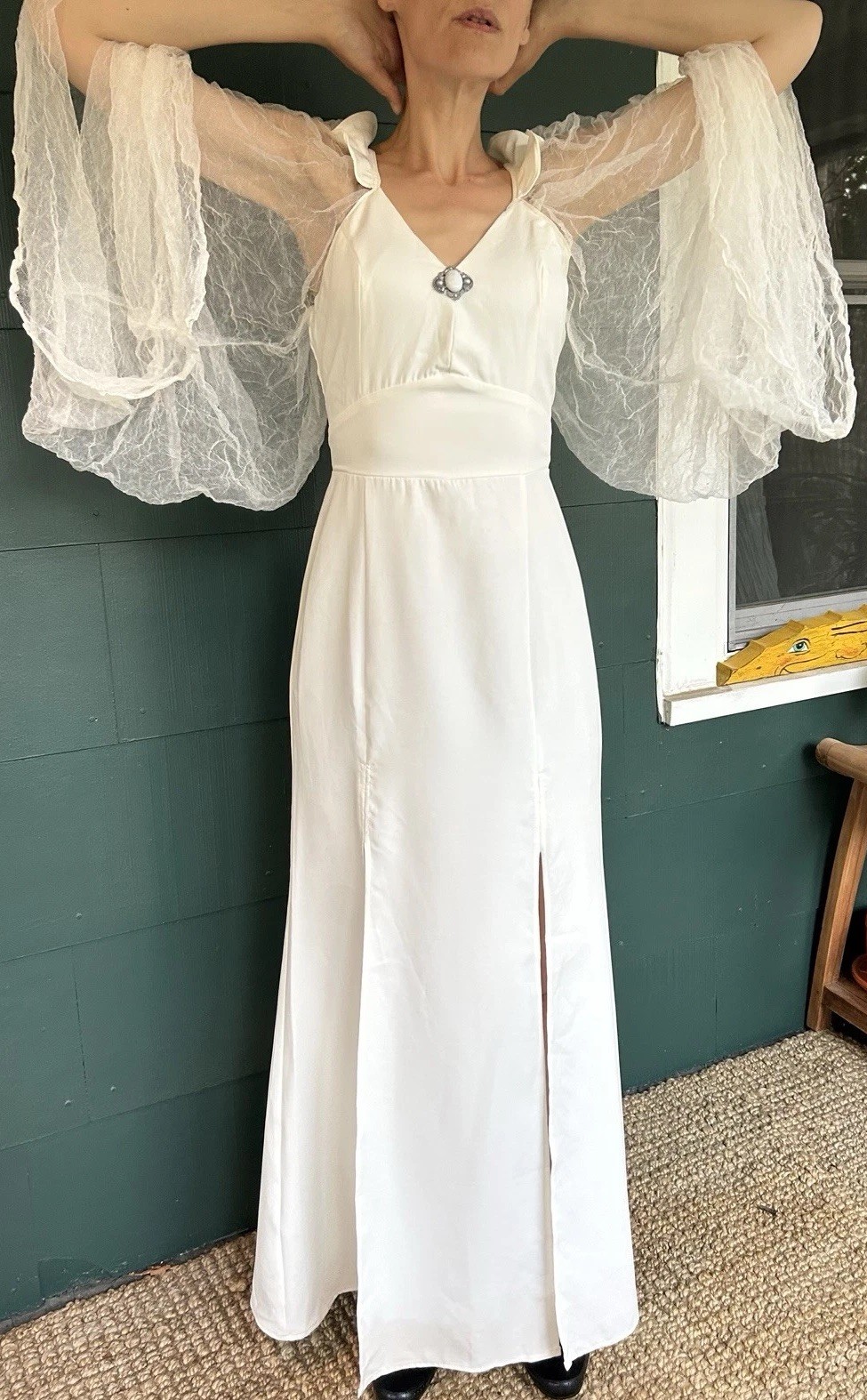 Ethereal White Dress Small Long Sheer Sleeves Corset Back Brooch Fairy Angel