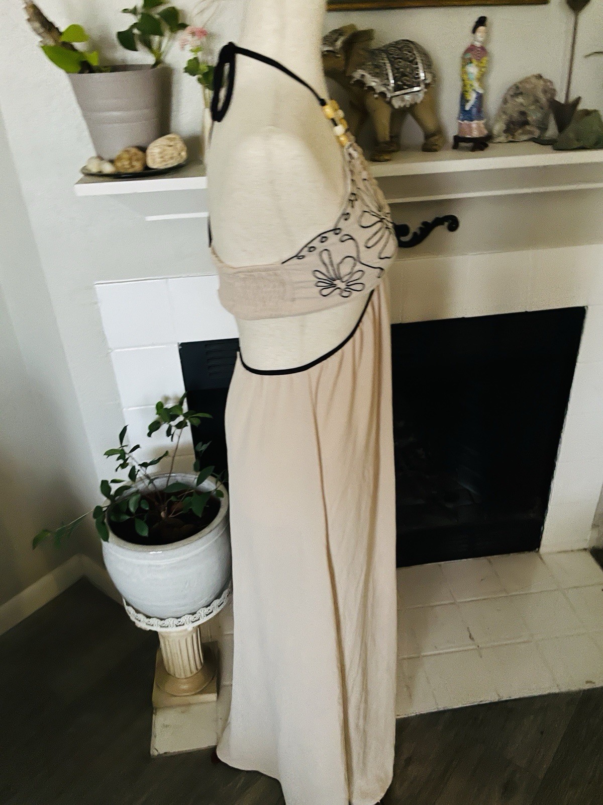 Halter Maxi Dress Open Back Zipper Cutout Beaded S Boho Beach Silholette Sexy