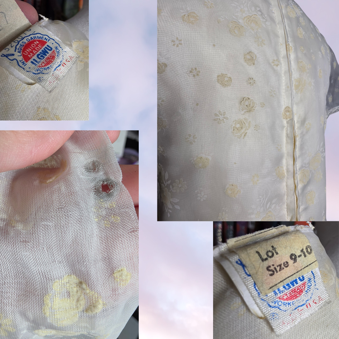60s 70s Vtg Long Maxi Prairie Cottage Cream Floral Ruching Frill Dress Sz 9 / 10