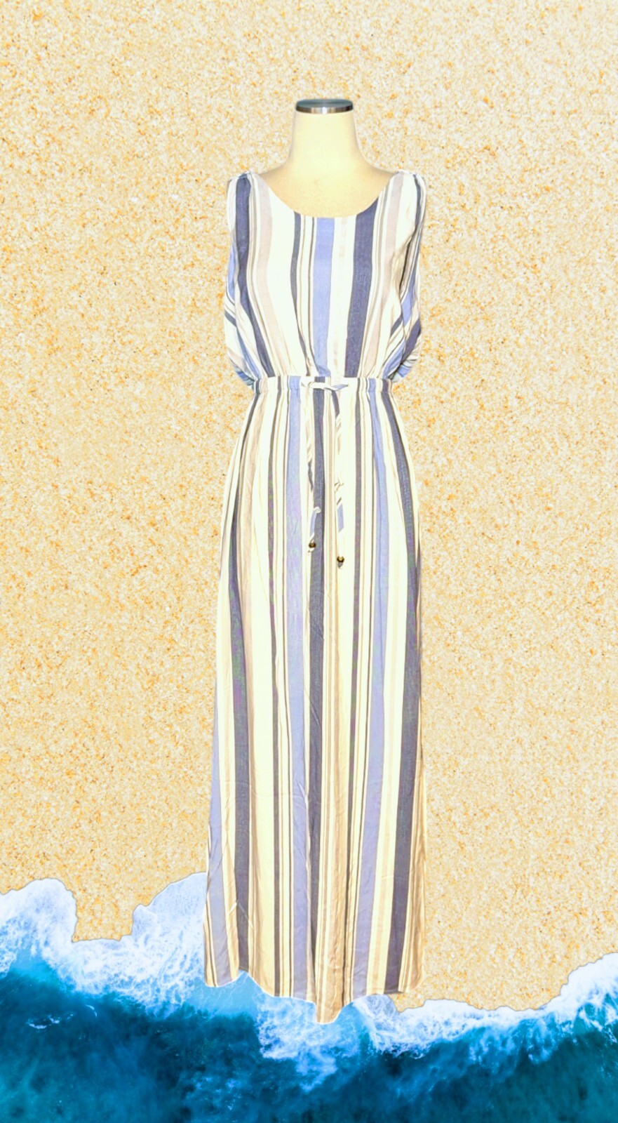 A.N.A. Blue Gray STRIPED Maxi Dress HIGH WAIST Sleeveless Sundress Women’s Small