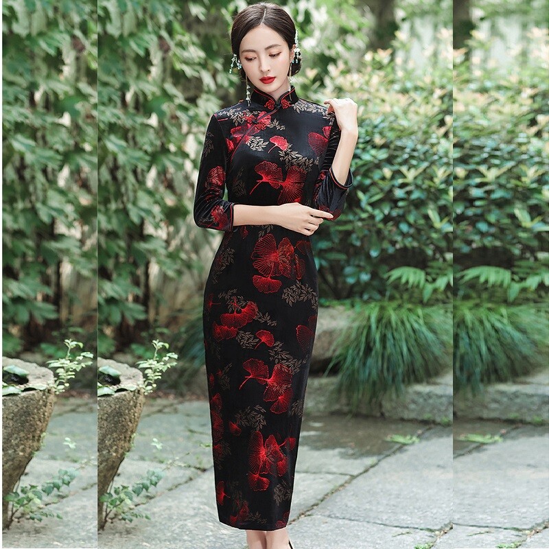 Women Autumn Winter Velvet Qipao Dress Chinese Velour Long Cheongsam Ball Gowns