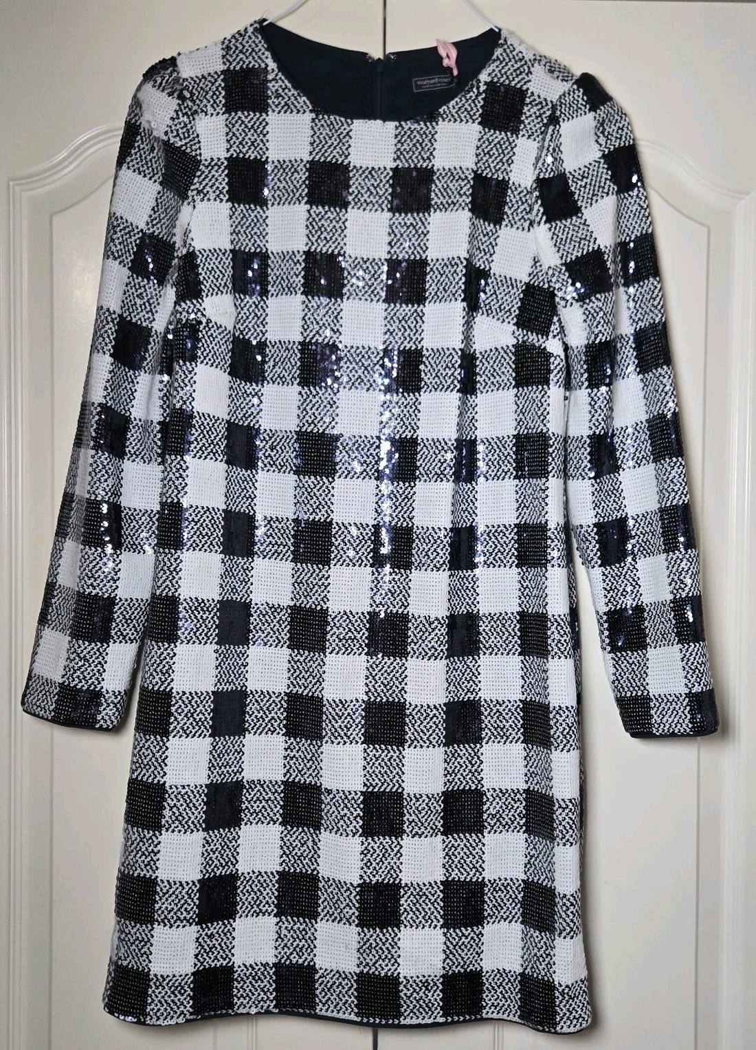 Vineyard Vines Sequin Check Dress Size XS Blue & White Party Long Sleeve NWT