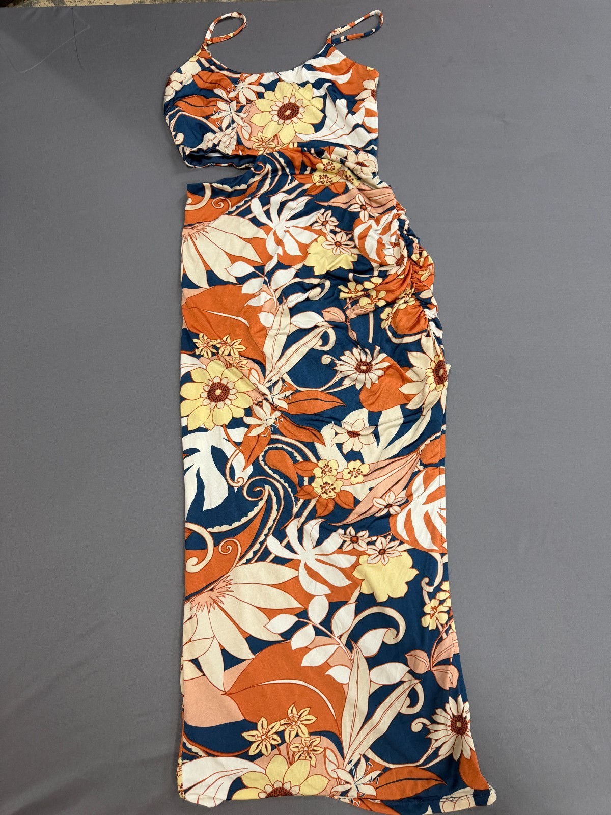 Lulus Women’s Blue/White/orange Floral Stretchy Maxi Dress with cutouts Sz MD