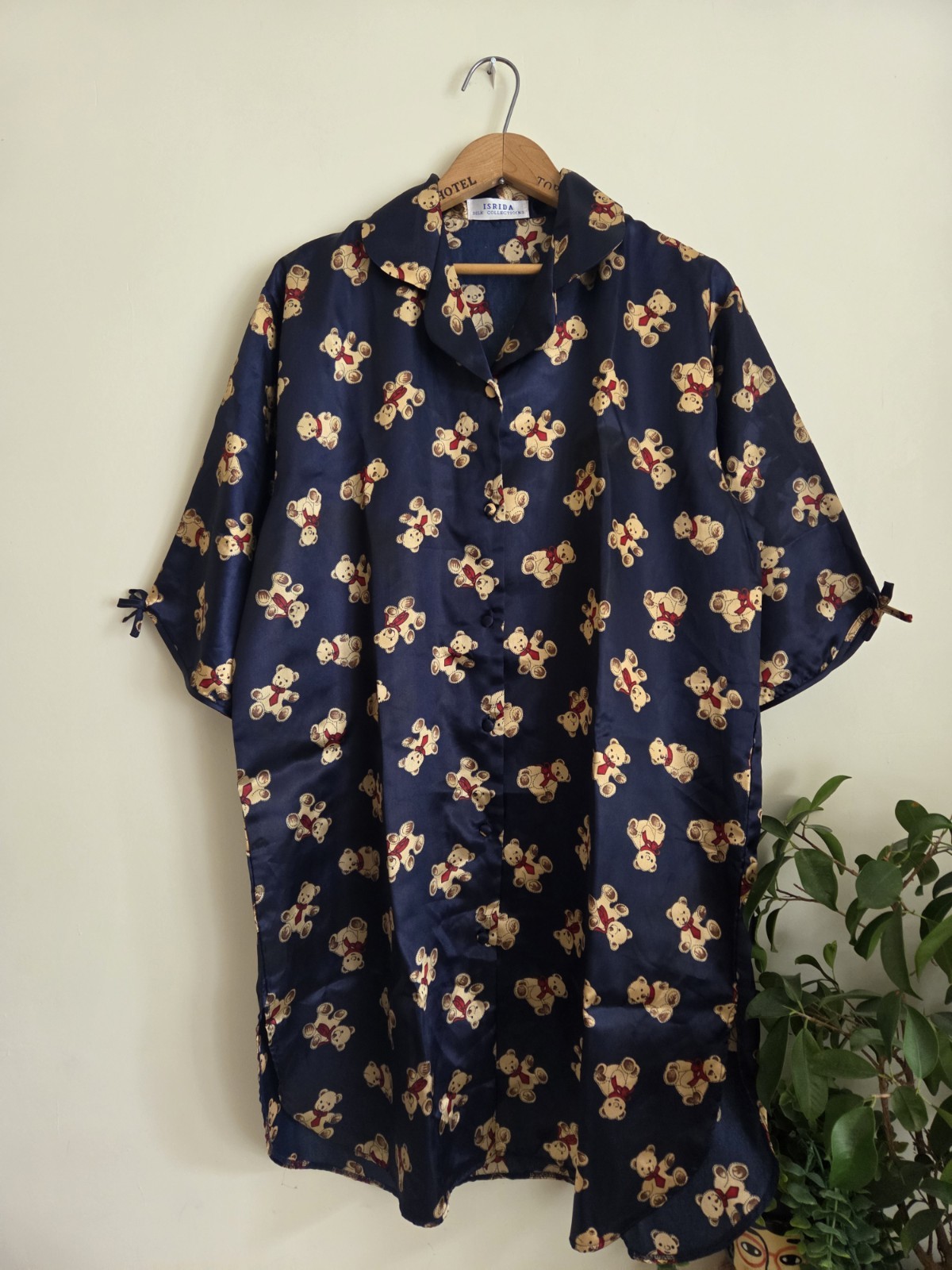 Vintage Isrida Silk Button Down Dress Shirt Teddy Bear Print Large