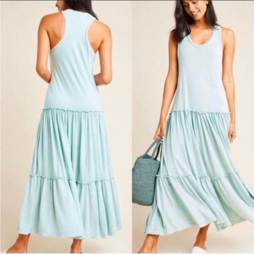 Sundry Dress Women’s 1 / S / 4-6 Soft Teal Tiered Sleeveless Racerback Tank Maxi