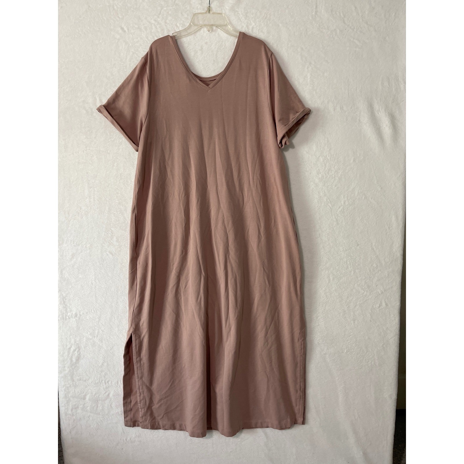 Pure Jill J Jill Pima Cotton Modal V-Neck Maxi T-Shirt Dress Mauve XL Pockets