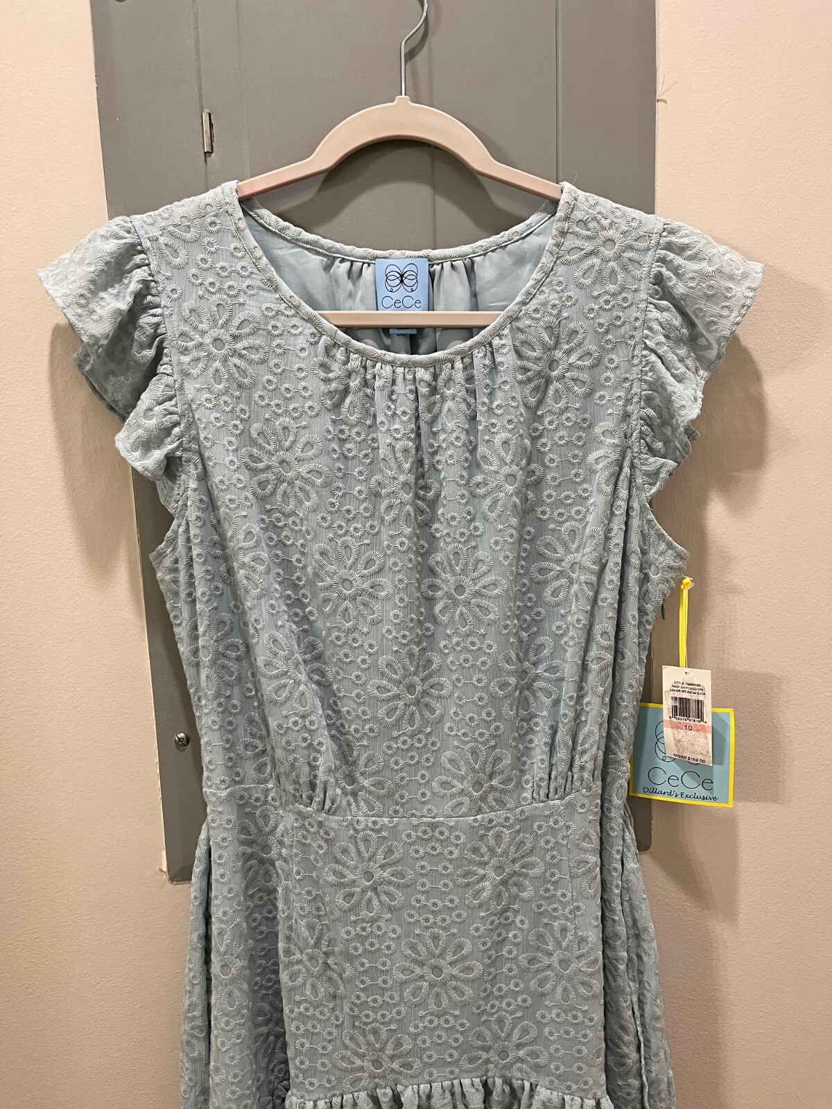 CeCe Chic Aqua Dusk Patterned Ruffle Dress, Size 10, light romantic style