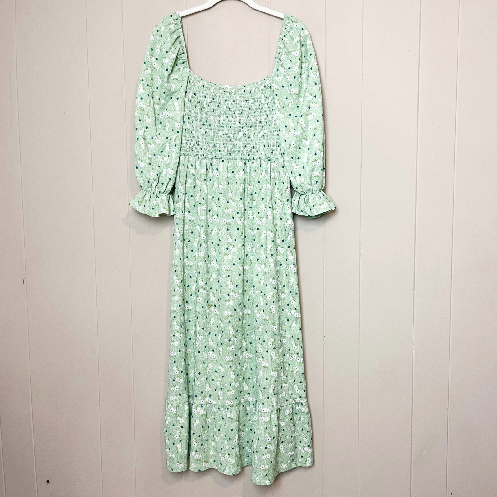 Miss Selfridge Green Floral Smocked Midi Dress 6 Puff Sleeve Milkmaid Cottage