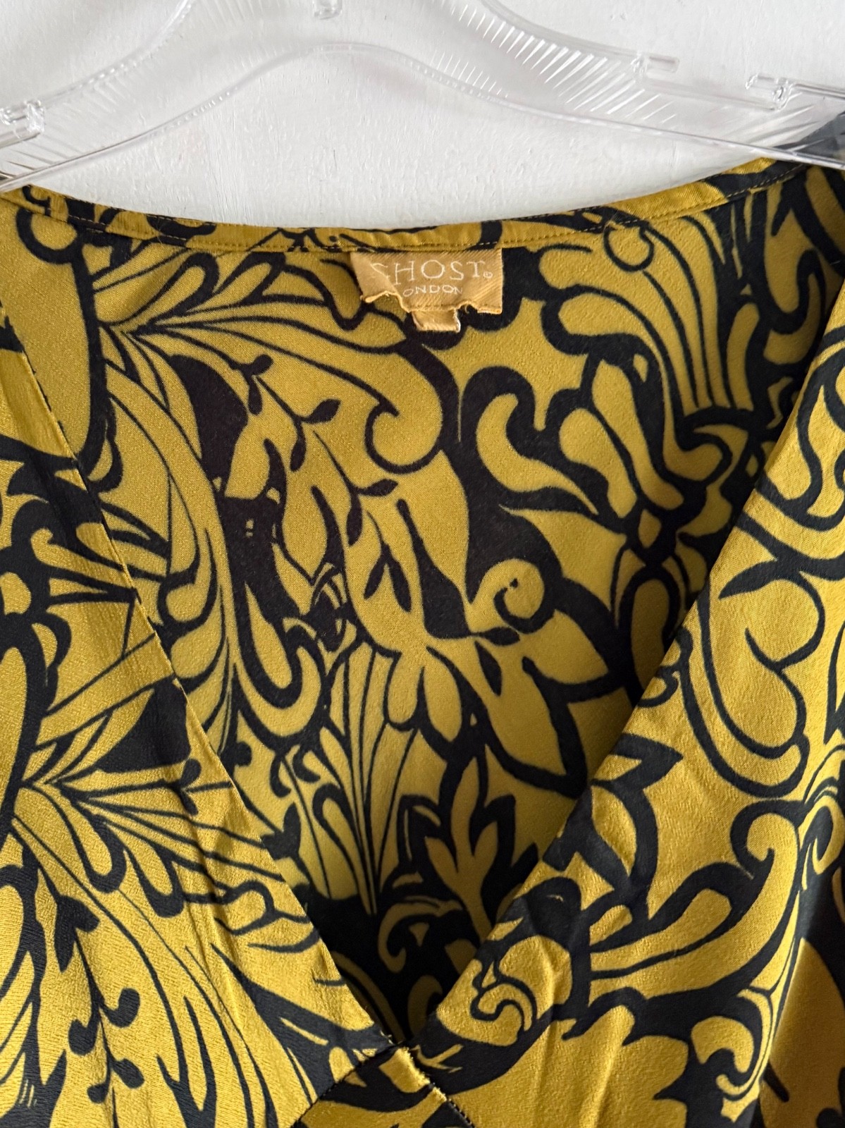 GHOST LONDON YELLOW & BLACK FLORAL PRINT LONG SLEEVES MIDI DRESS SIZE: LARGE