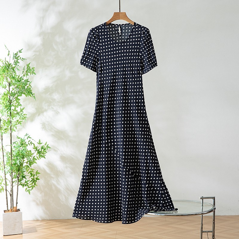 100% Mulbery Silk Navy Polka Dots Short Sleeve Fit Type Women Midi Dress QQ031