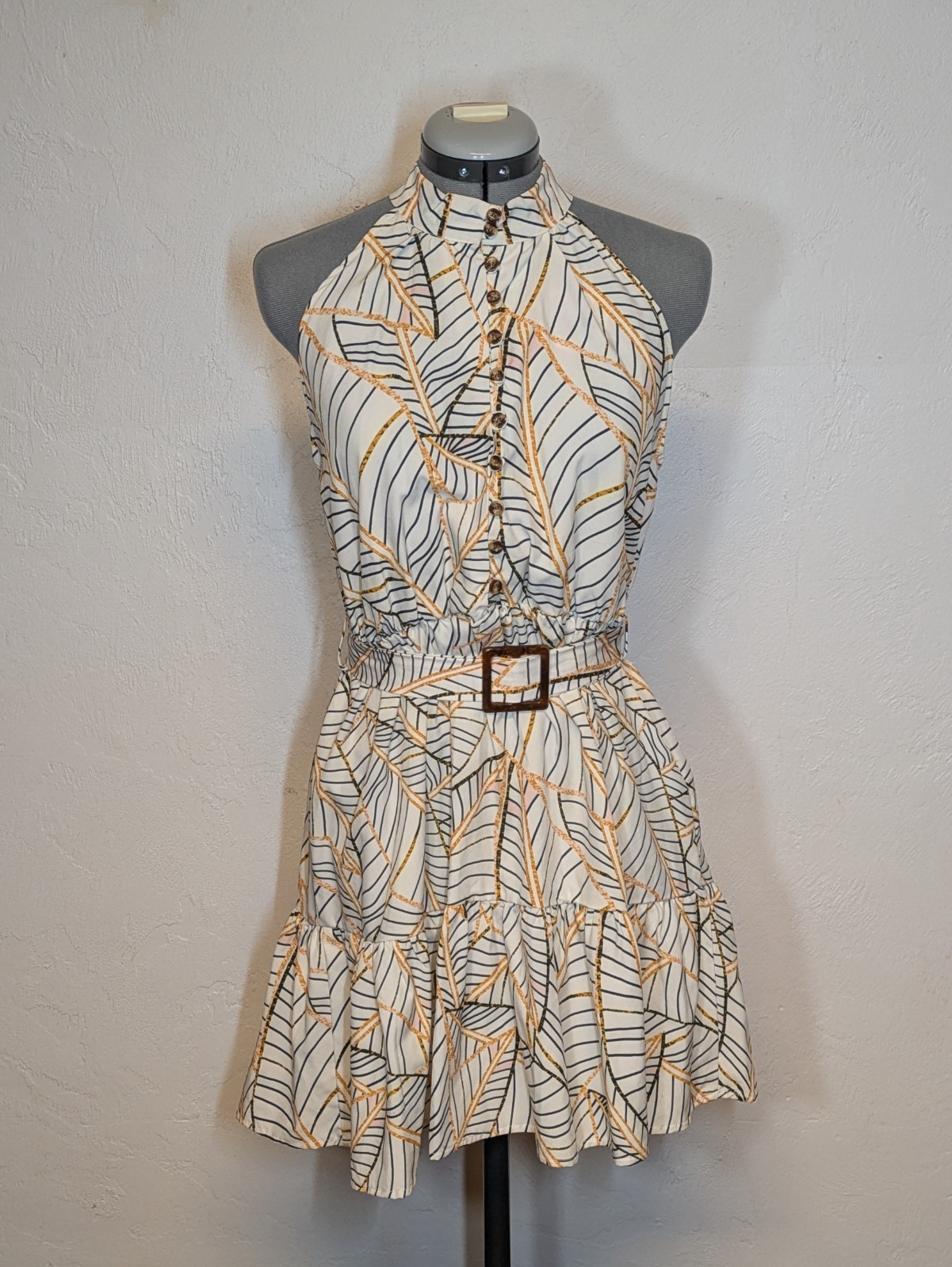 NEW Sun Dress Fit & Flare Yellow & White Palm High Neck Sleeveless Belt Sz M