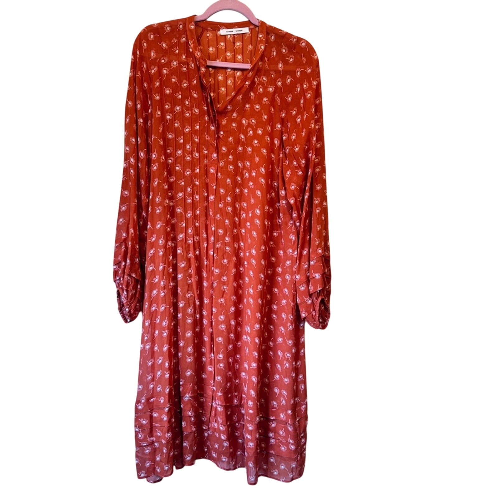 Samsoe Orange Elma Bellis Creta Midi Dress Womens XL Pleated Modest Long Sleeve