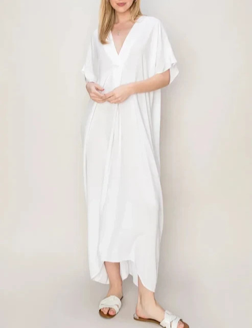 HYFVE Long White Kaftan Summer Beach Short Sleeve V-neck Cover Up Dress (Large)