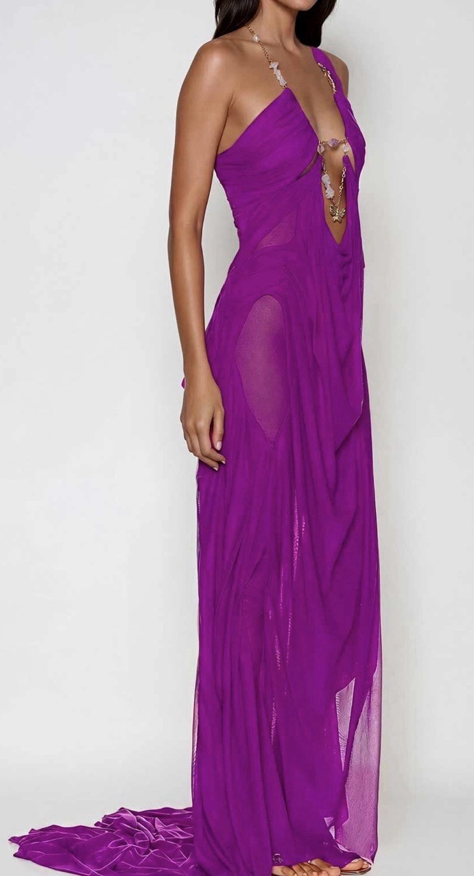 Innovare Denim Davis Plunge Chain Asymmetric Maxi Dress In Hot Pink size S