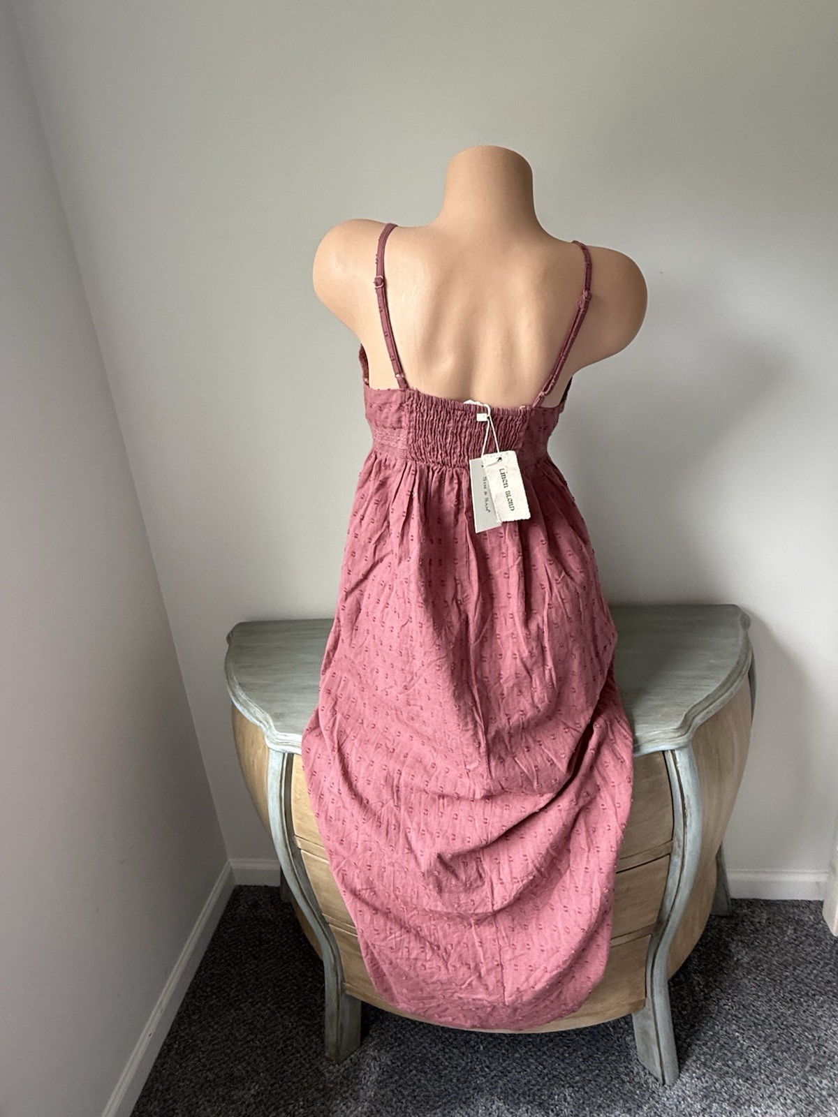 Romantic Linen Blend Midi Dress Smocked Swiss Dot Prairie Boho Mauve NWT Cottage