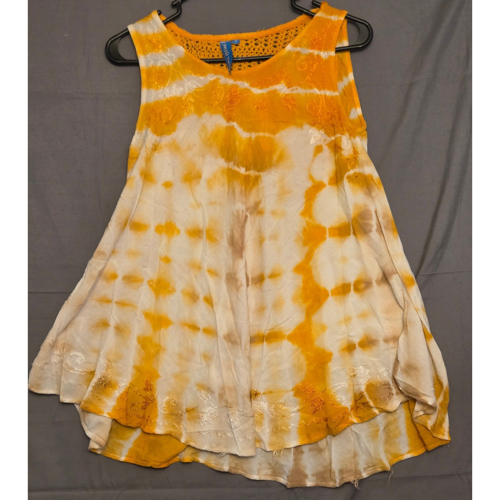 Aqua Blue Knit Back Top Women’s Size Small Orange White Brown Boho Tye Dye