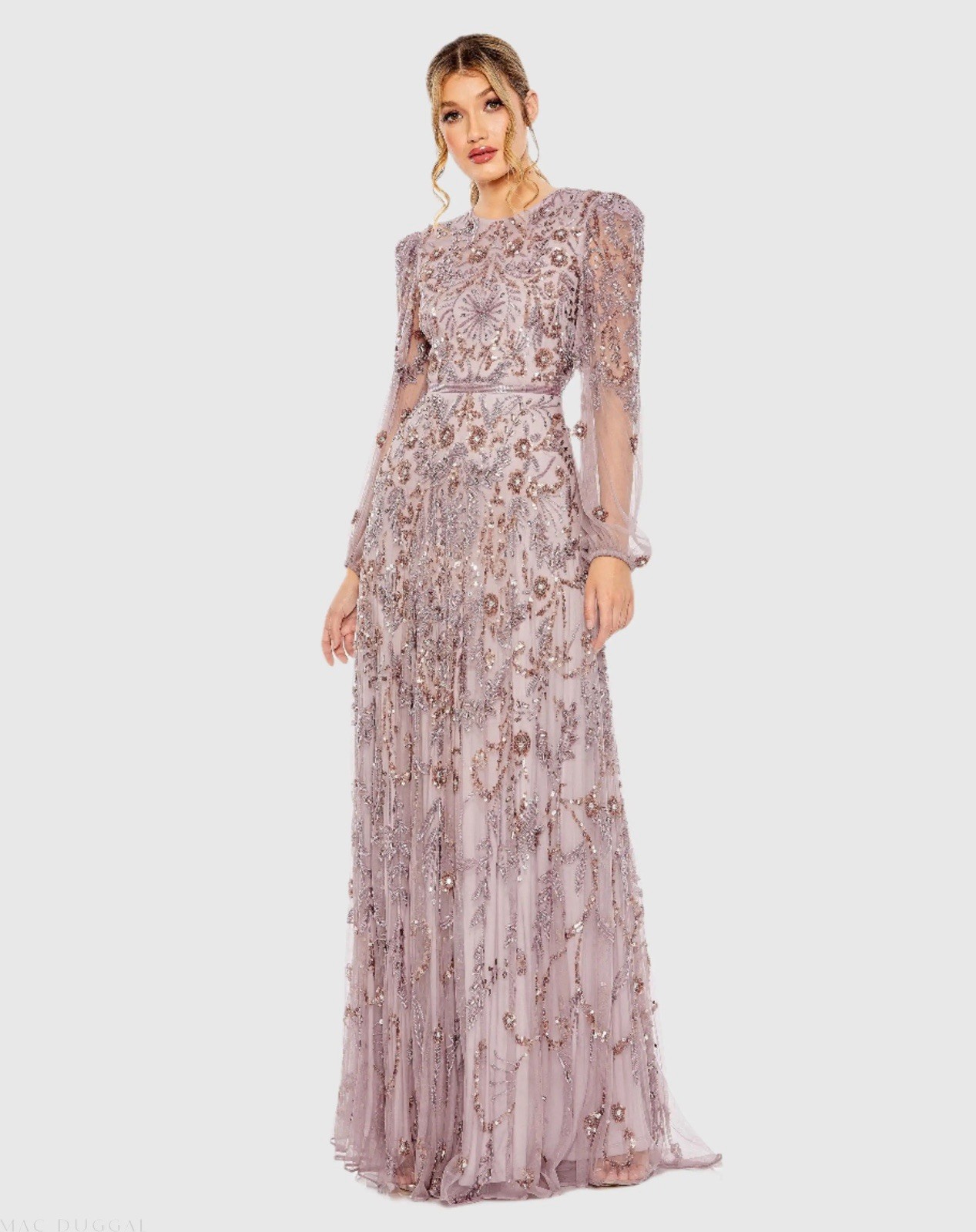 Mac Duggal #93930 Heather Puff Sleeve Embellished A Line Gown Size 12 $798