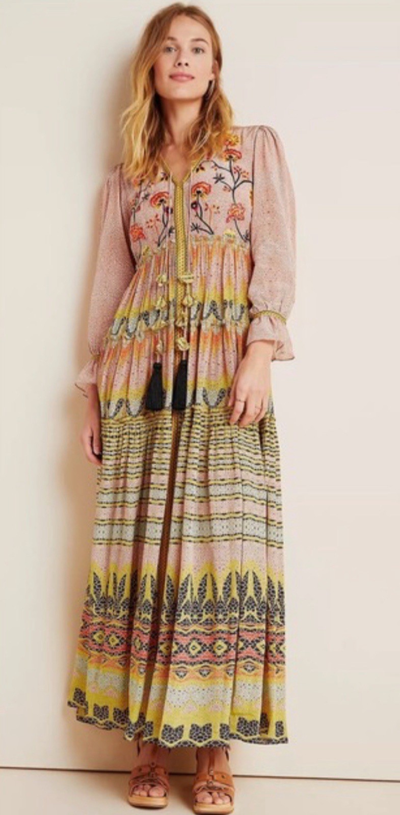 Anthropologie Bhanuni by Jyoti Giorgia Embroidered Dress 4 Tiered Maxi Dress