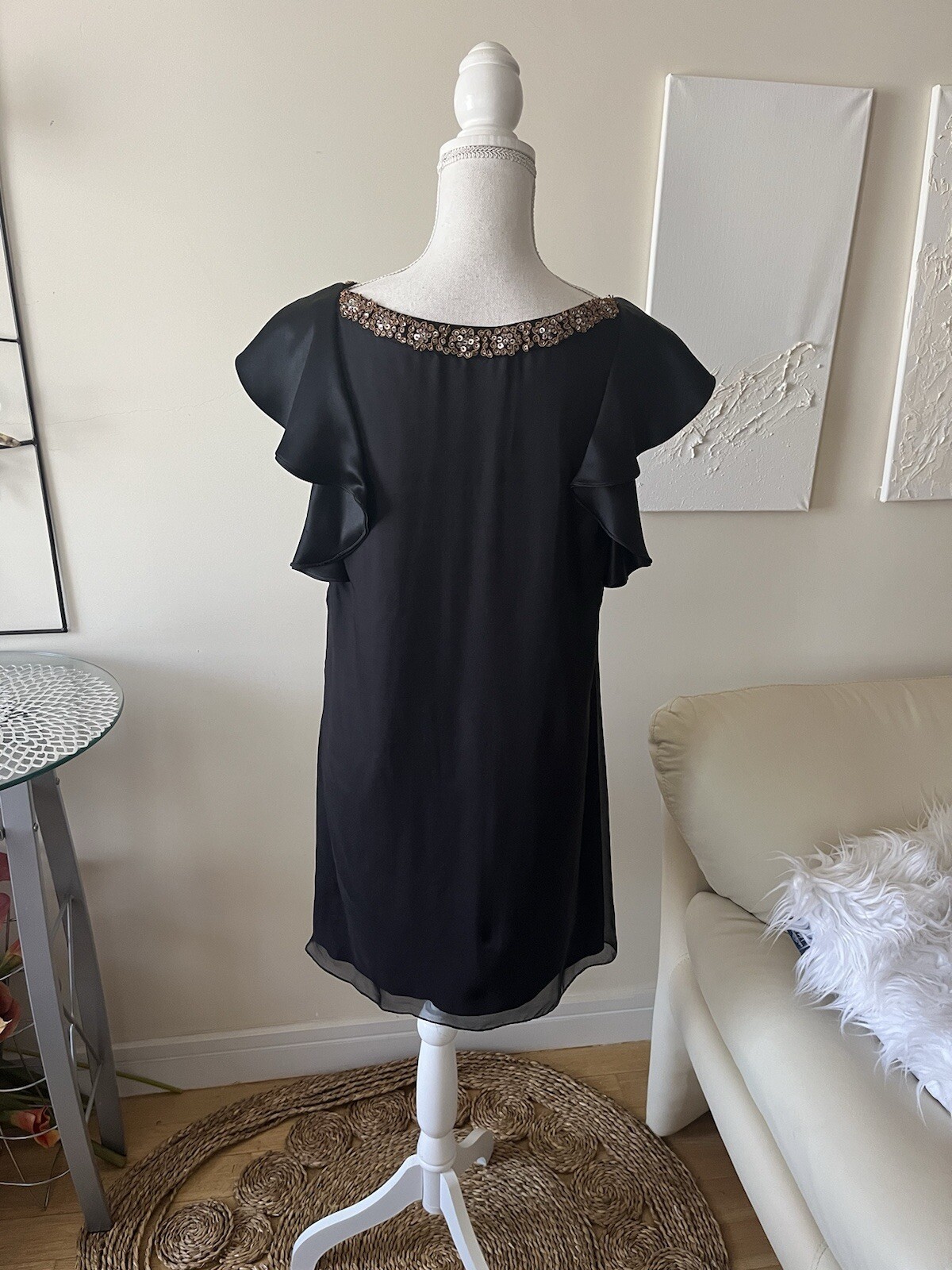 Alice + Olivia Vintage Black Silk Beaded Ruffle Mini Cocktail Dress sz Small EUC