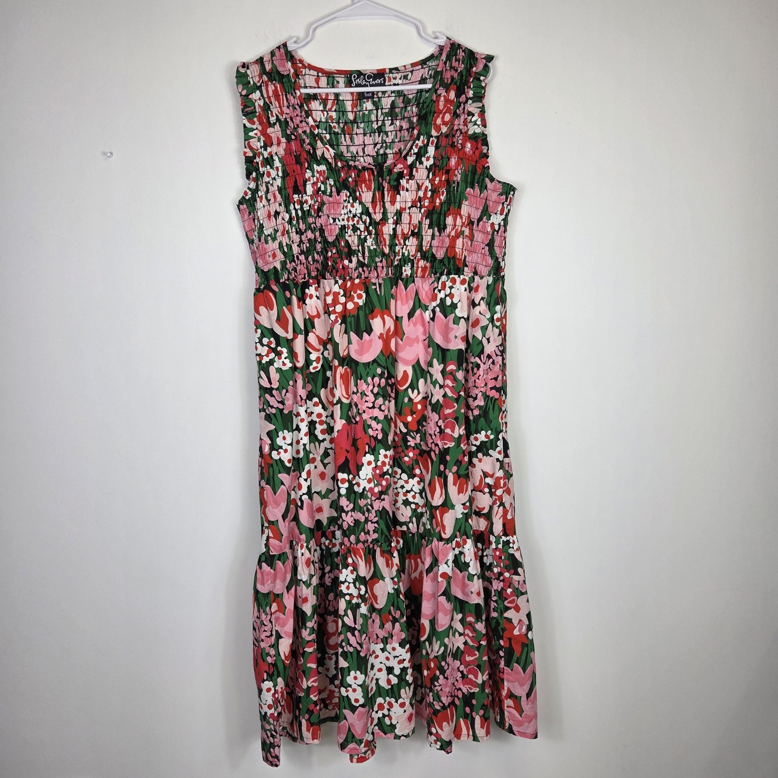 Lesley Evers Smocked Sleeveless Nadia Floral Midi Dress Womens 2X