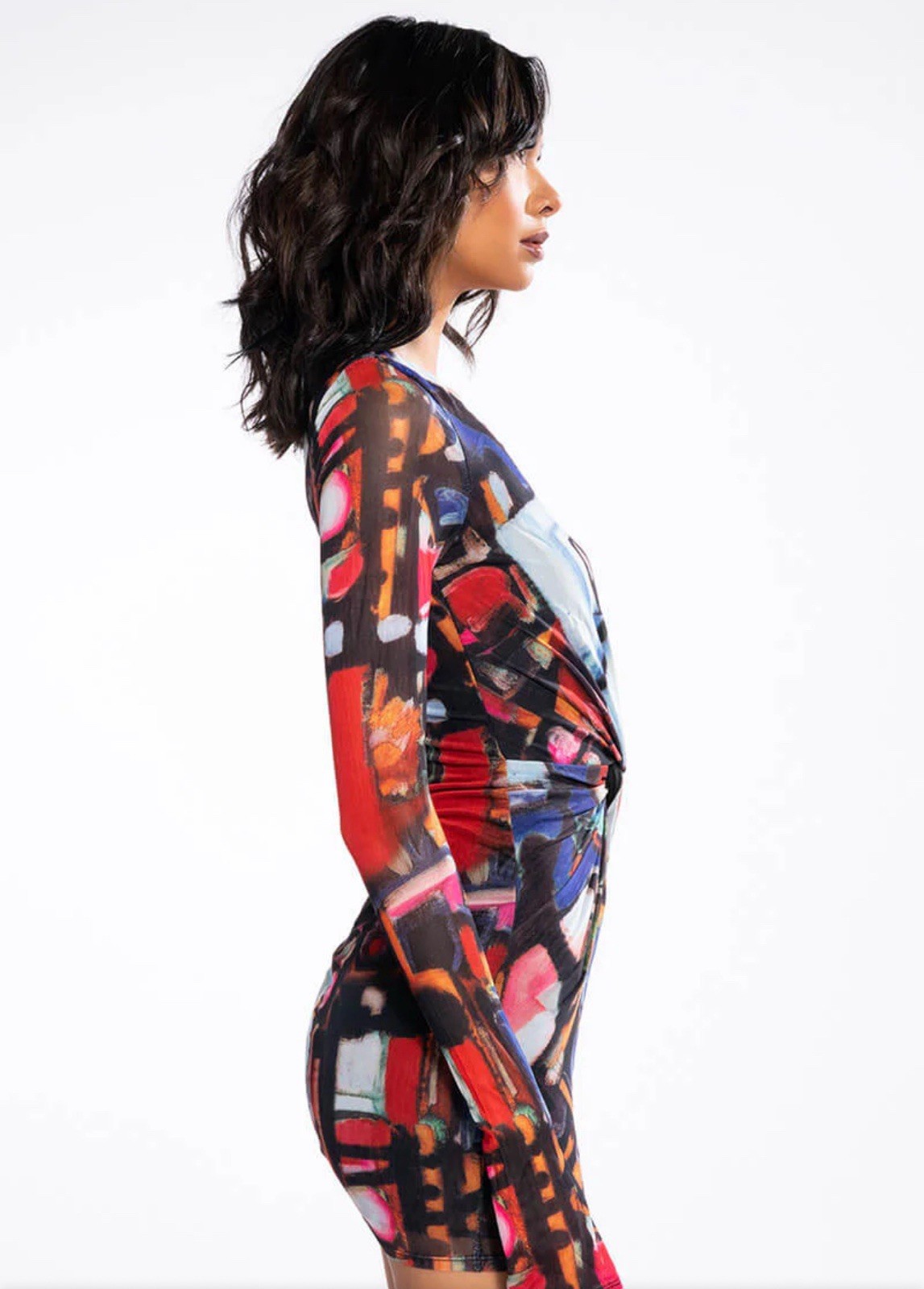 Akira On My Mind Abstract Colorful Plunge V-Neck Bodycon Mini Club Dress Size S