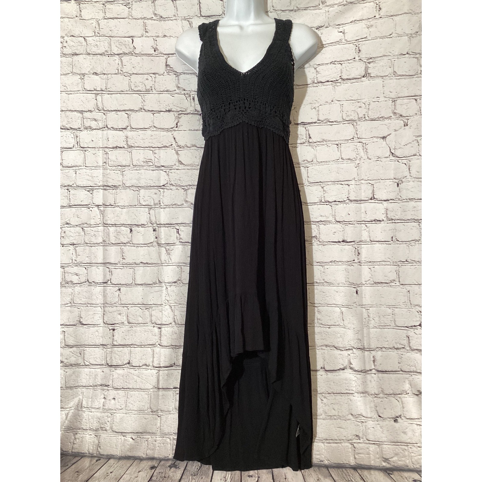 Indulge Black Crochet Knit High Low Maxi Dress Womens Small Boho Sleeveless