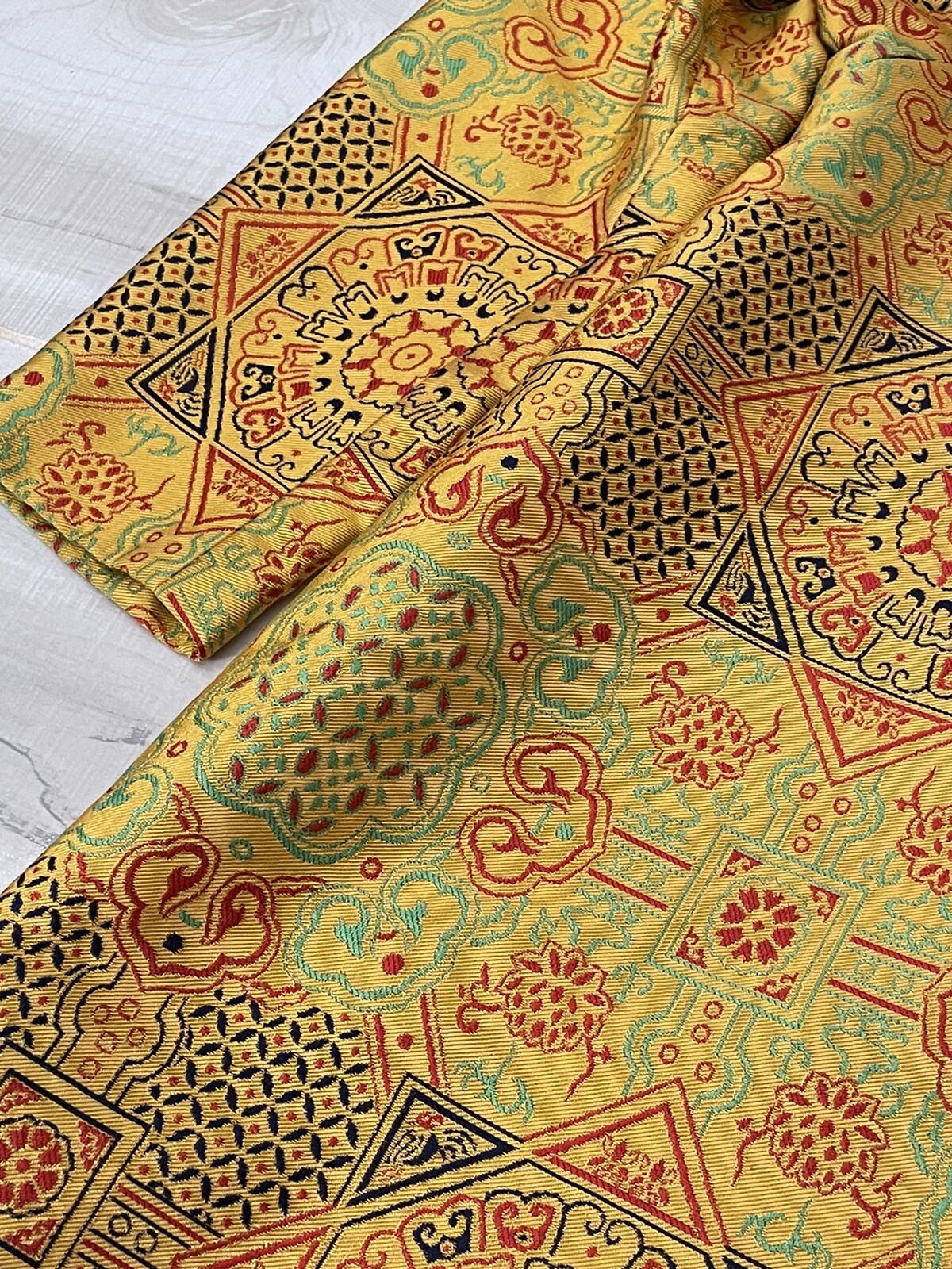 1960s ADELE SIMPSON Yellow Silk Blend Jacquard Chinese Inspired Dress VTG Rare