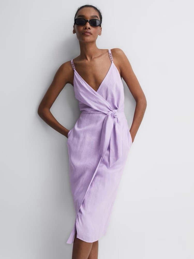 Reiss Purple Linen Wrap Midi Dress V-Neck Adjustable Straps UK 12