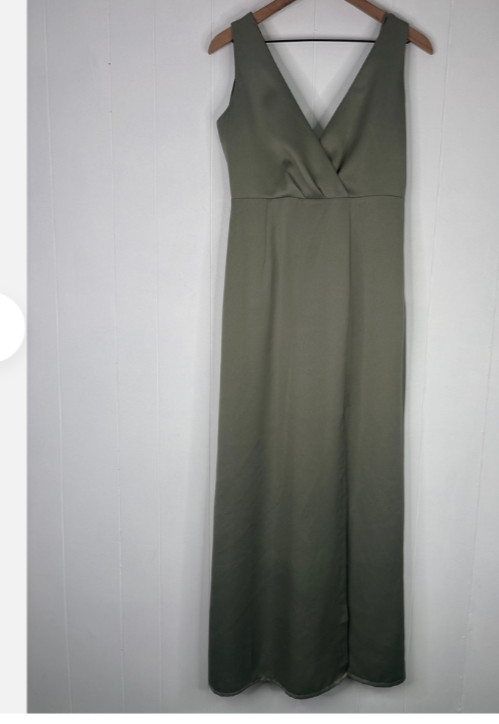 Anthropologie BHLDN Piper Satin Draped V-Neck Gown Maxi Dress Moss Green 6