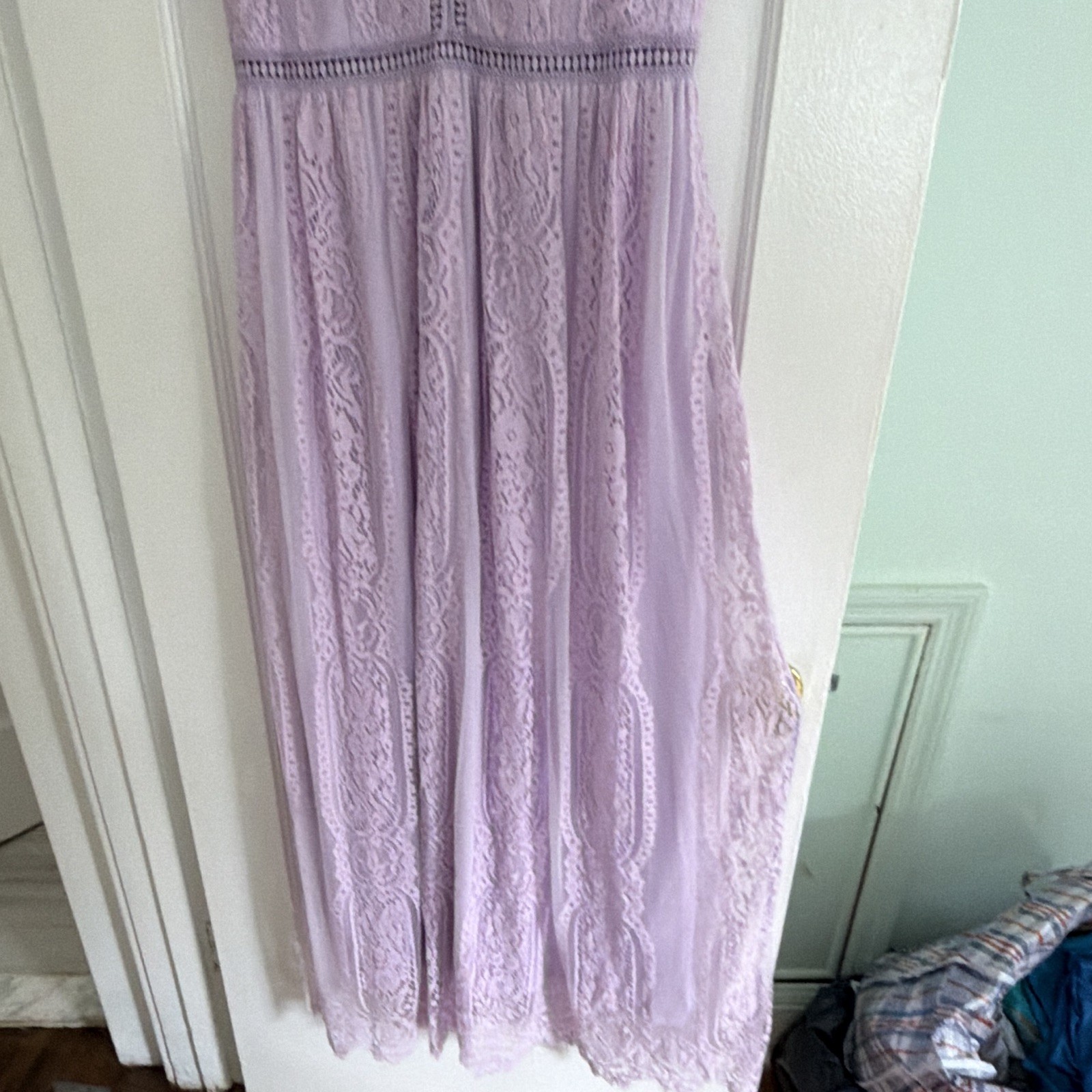 MEROKEETY Women’s Purple Solid Lace V-Neck Short Sleeve Maxi long Dress Zip XL