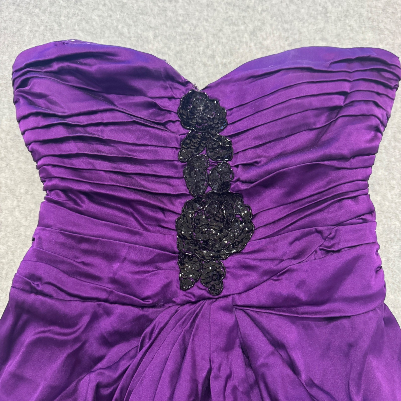 Bebe Purple Silk Blend Strapless Pleated Sequin Floral Cocktail Dress S Y2K