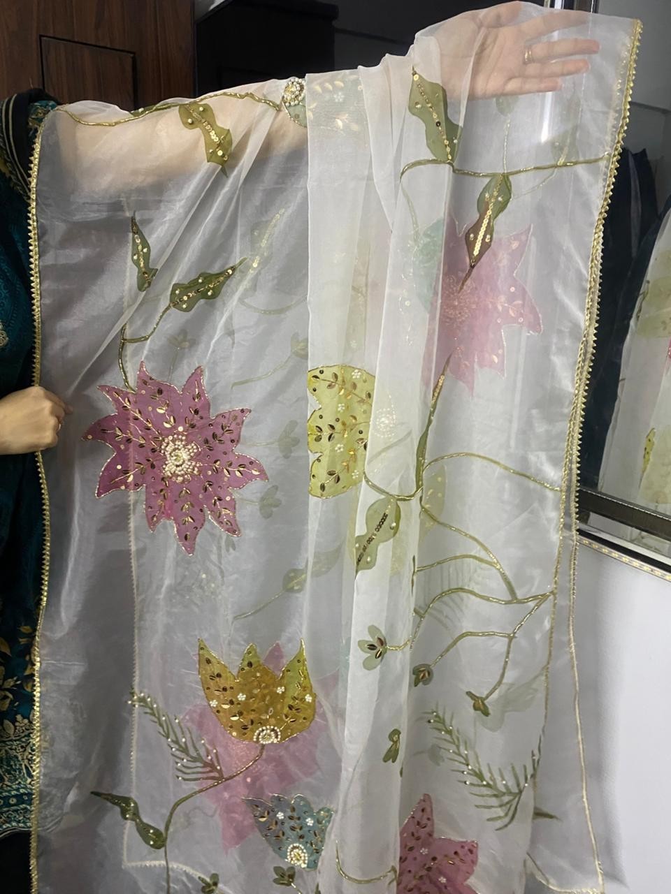 hand paint embroided organza dupatta ,wedding dupatta