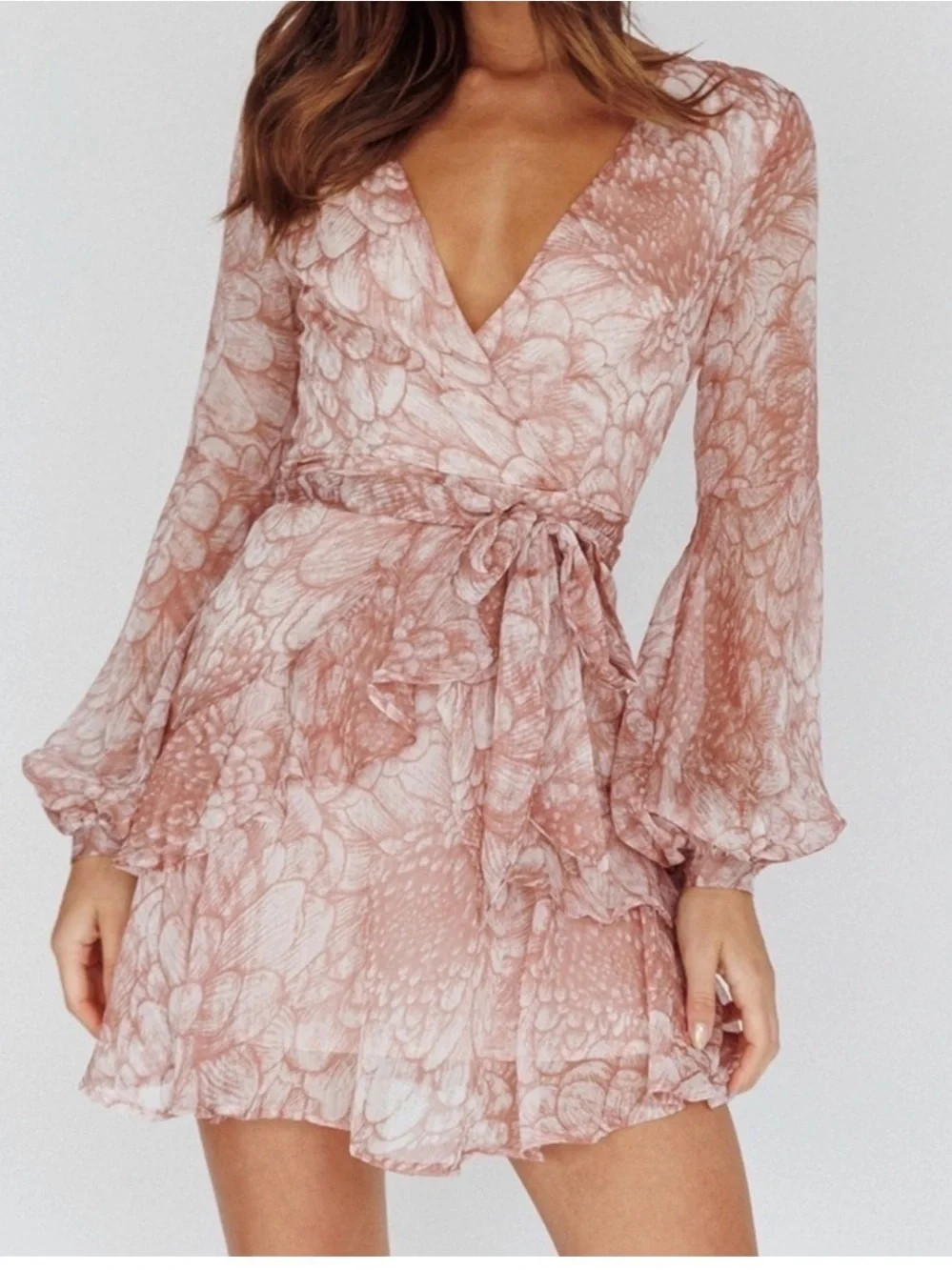 Saints + Secrets Wrap Dress Dusty Pink Print Long Sleeve Size 10 Ruffle Hem