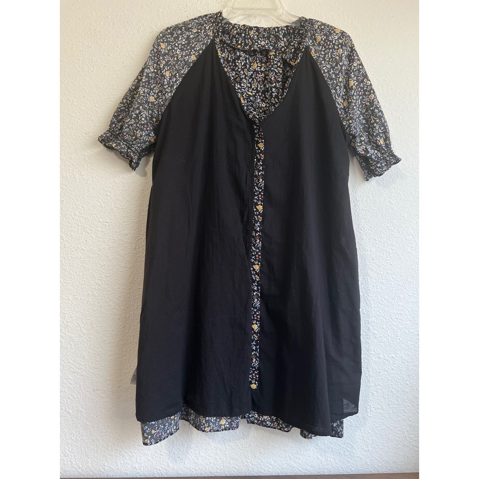 Madewell Ruffle Button Front Trapeze Mini Dress Folkmagic Garden BlackClassic