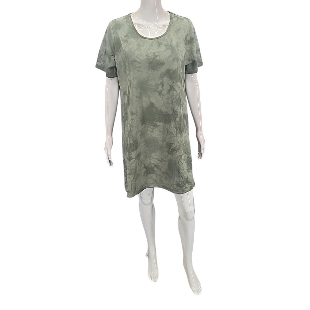 Denim Co French Terry Tie Dye Printed Tee Shirt Dress Petite Medium Size Olive