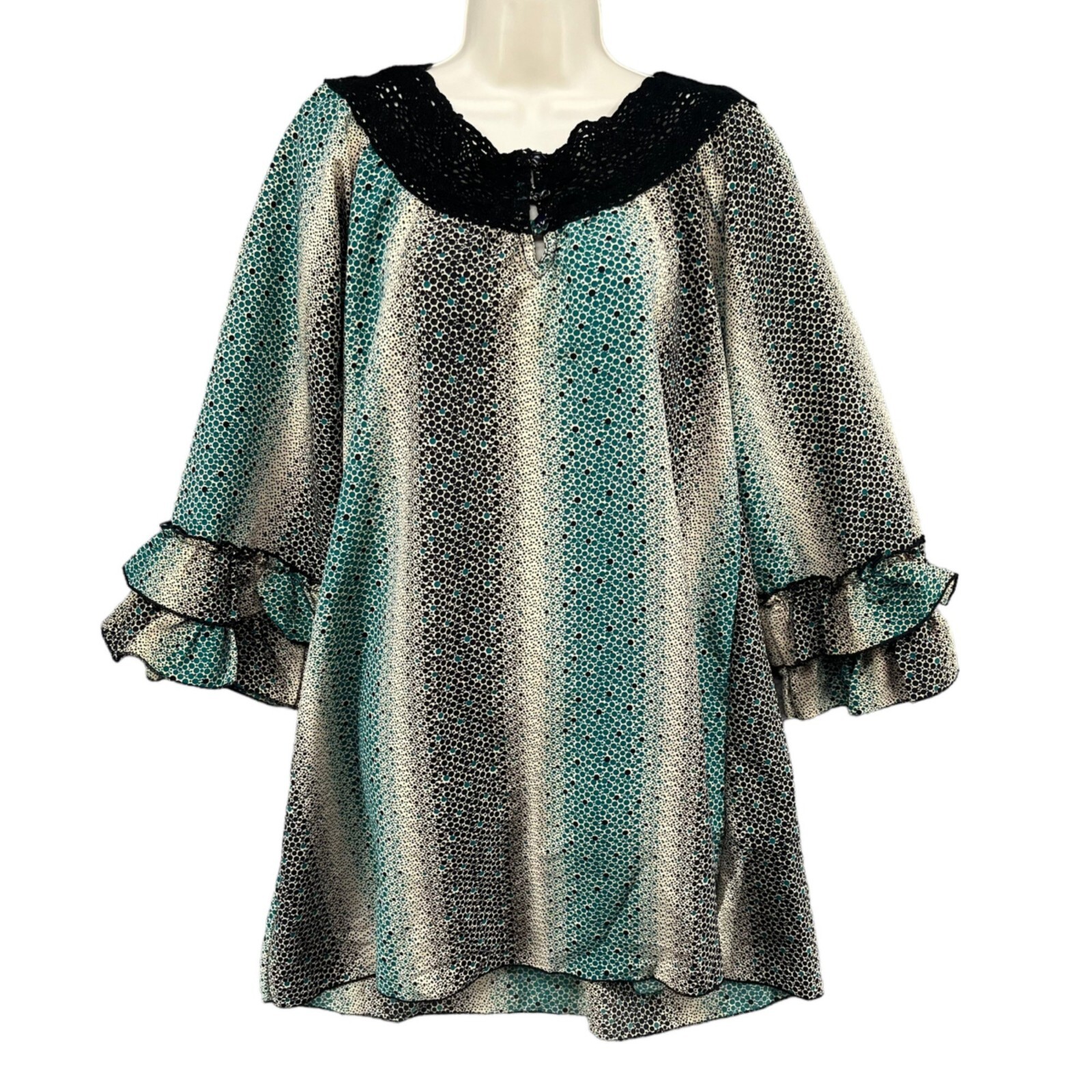 RU Apparel Piper Peasant Dress Black Turquoise 3/4 Ruffle Sleeve Boho Size L