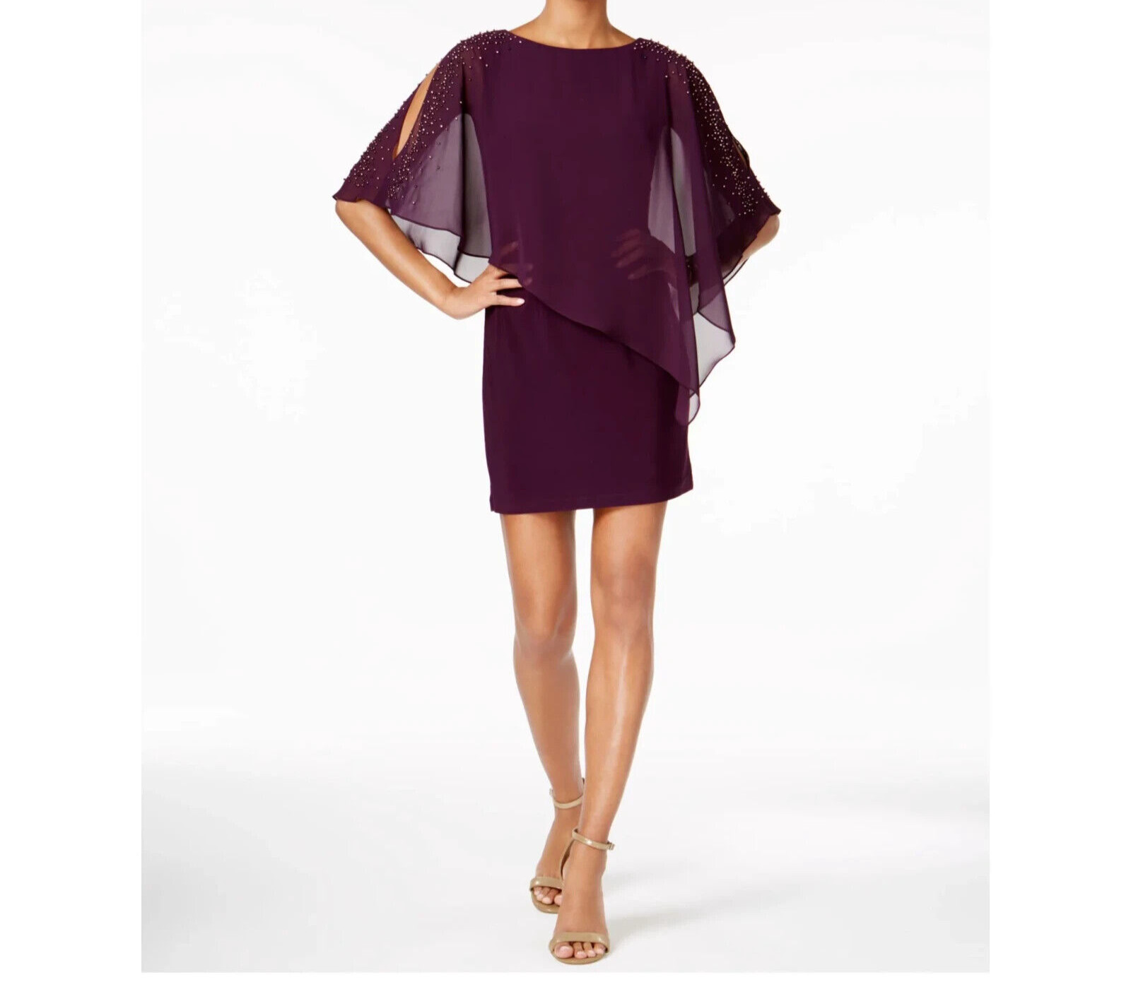 X BY XSCAPE Woman’ Burgundy Sheer Beaded Cape Overlay Boat Nek Dress SIZE 16 NWT