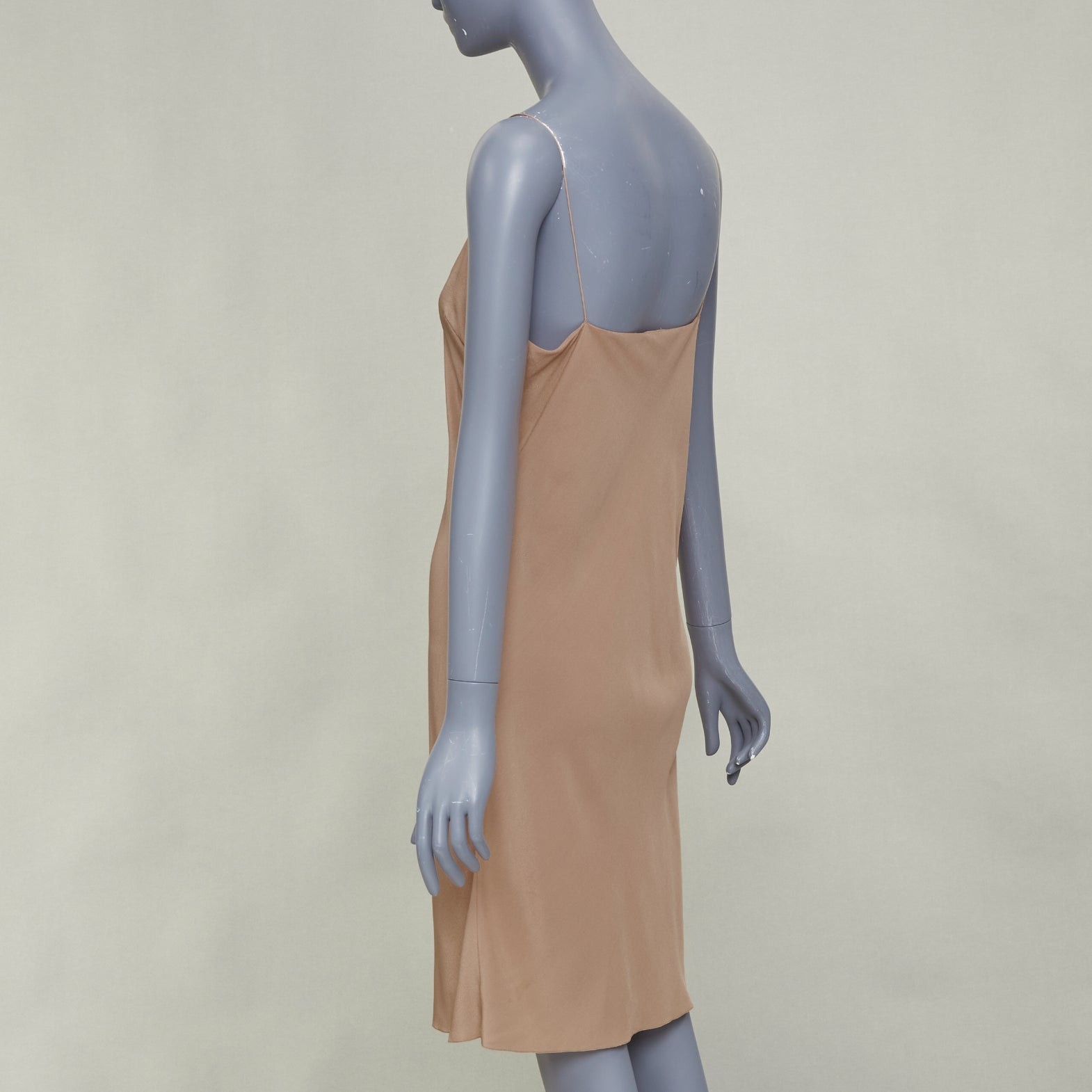 HERMES 100% silk nude spaghetti strap plunging mini slip lining dress FR40 L