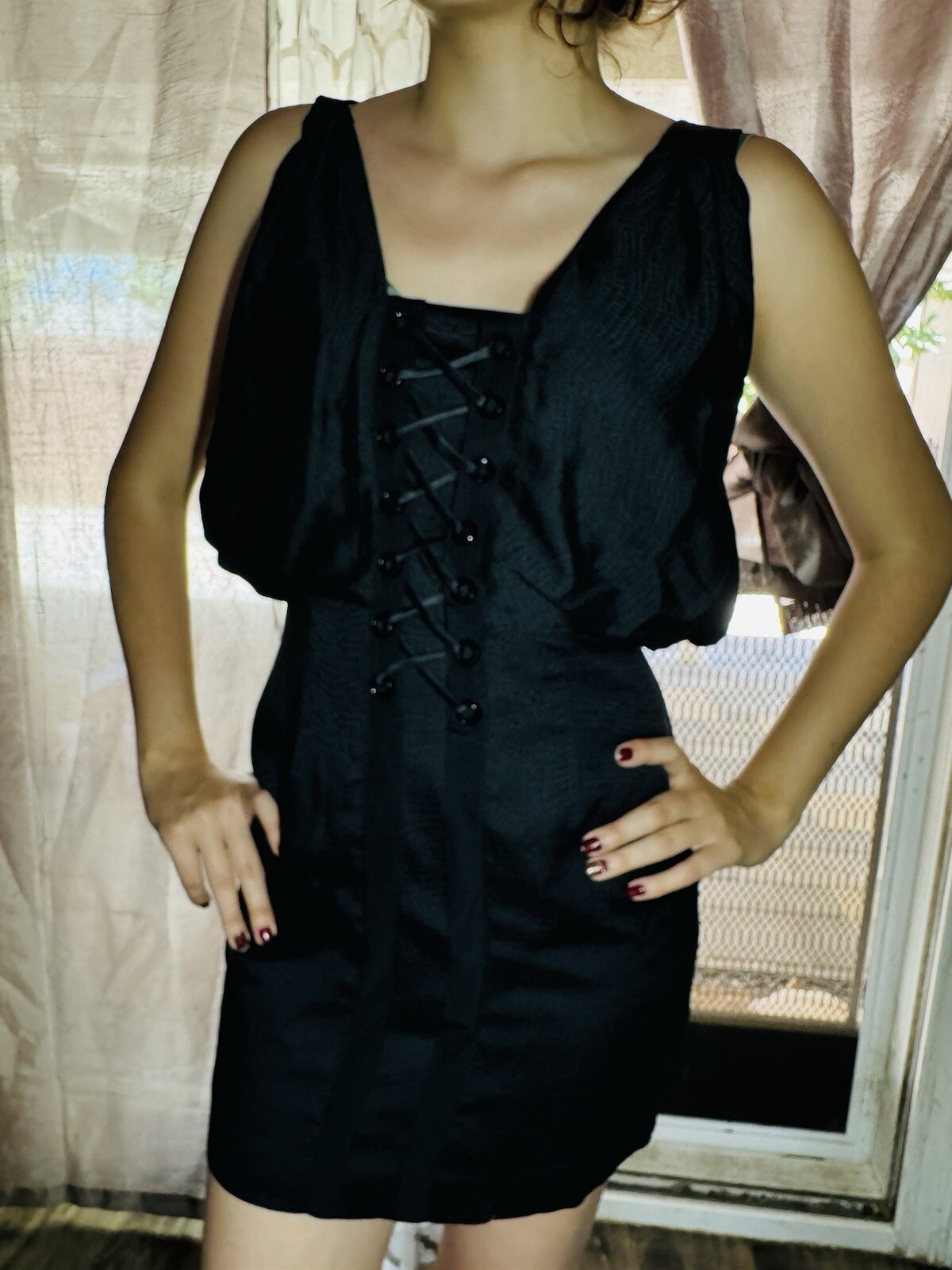 Affliction Black Premium Silk Lizard Embossed Lace Back-Zip Layered Tank Dress