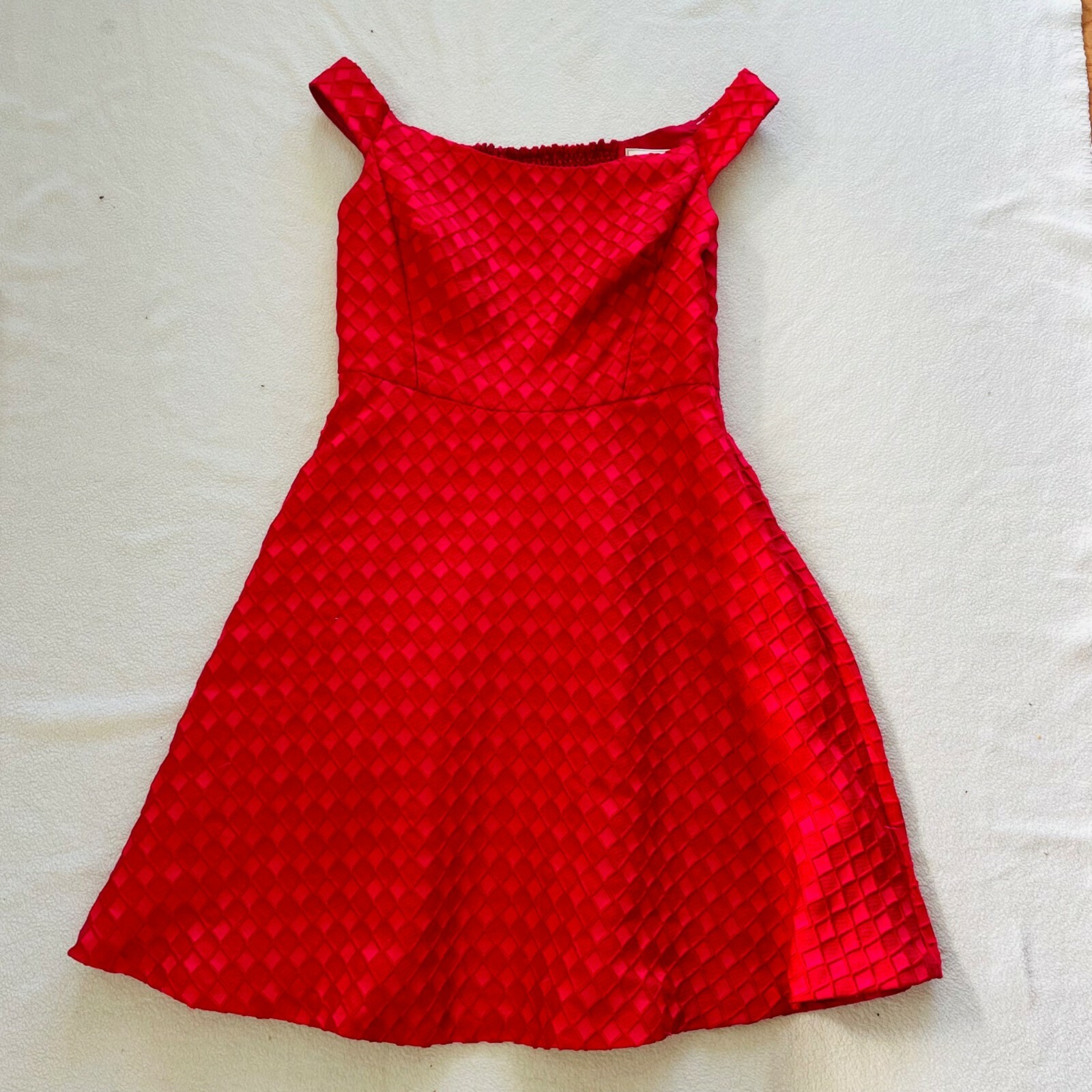 Moulinette Soeurs Minette Dress Womens 8 Red Off Shoulder Diamond Jacquard