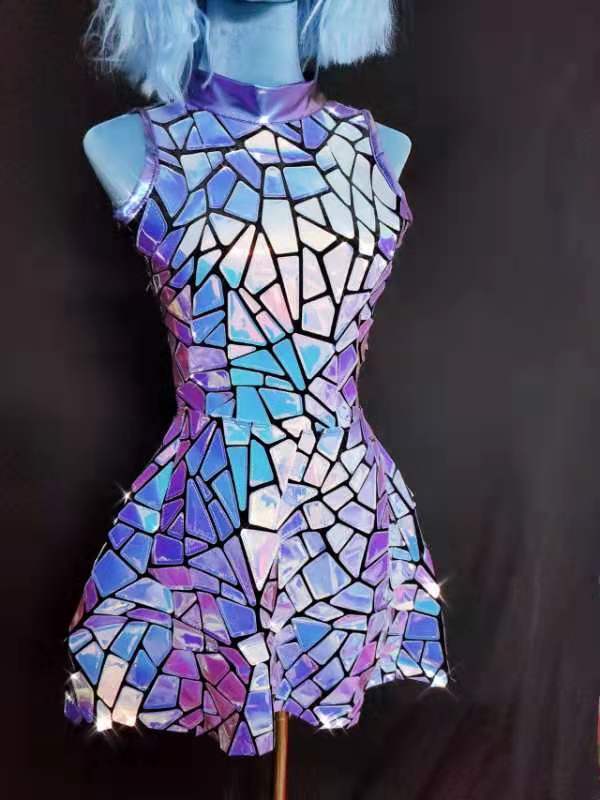 Purple Blue Laser Mirror Sequins Sleeveless Short Dress Women Singer Dancer