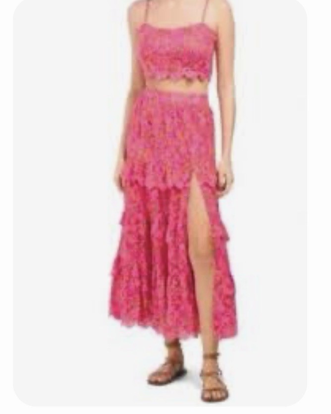 Caroline Charles Floral Set In Link/tiered Ruffles And Eyelet Embroidery ￼
