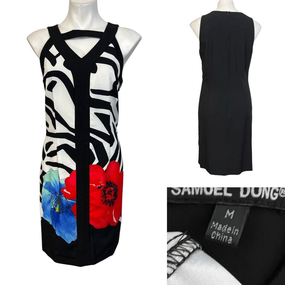 Samuel Dong dress M black white multi sleeveless knee length office business